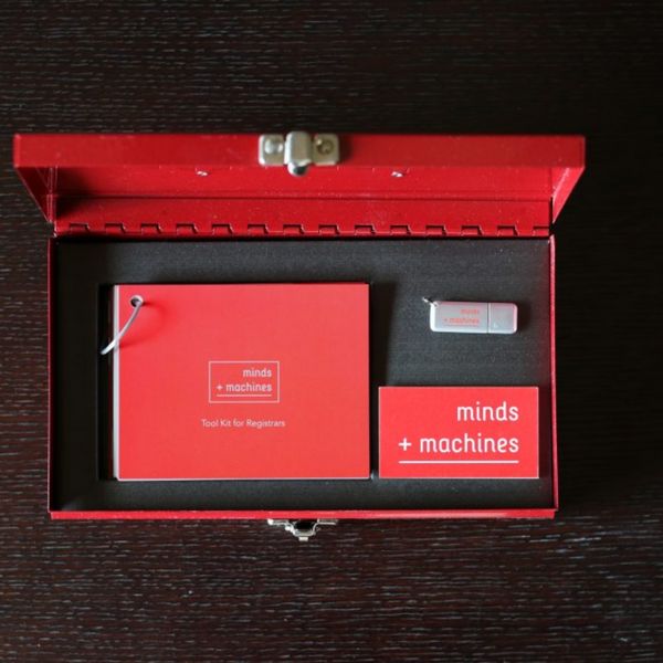 Minds + Machines press kit box, open