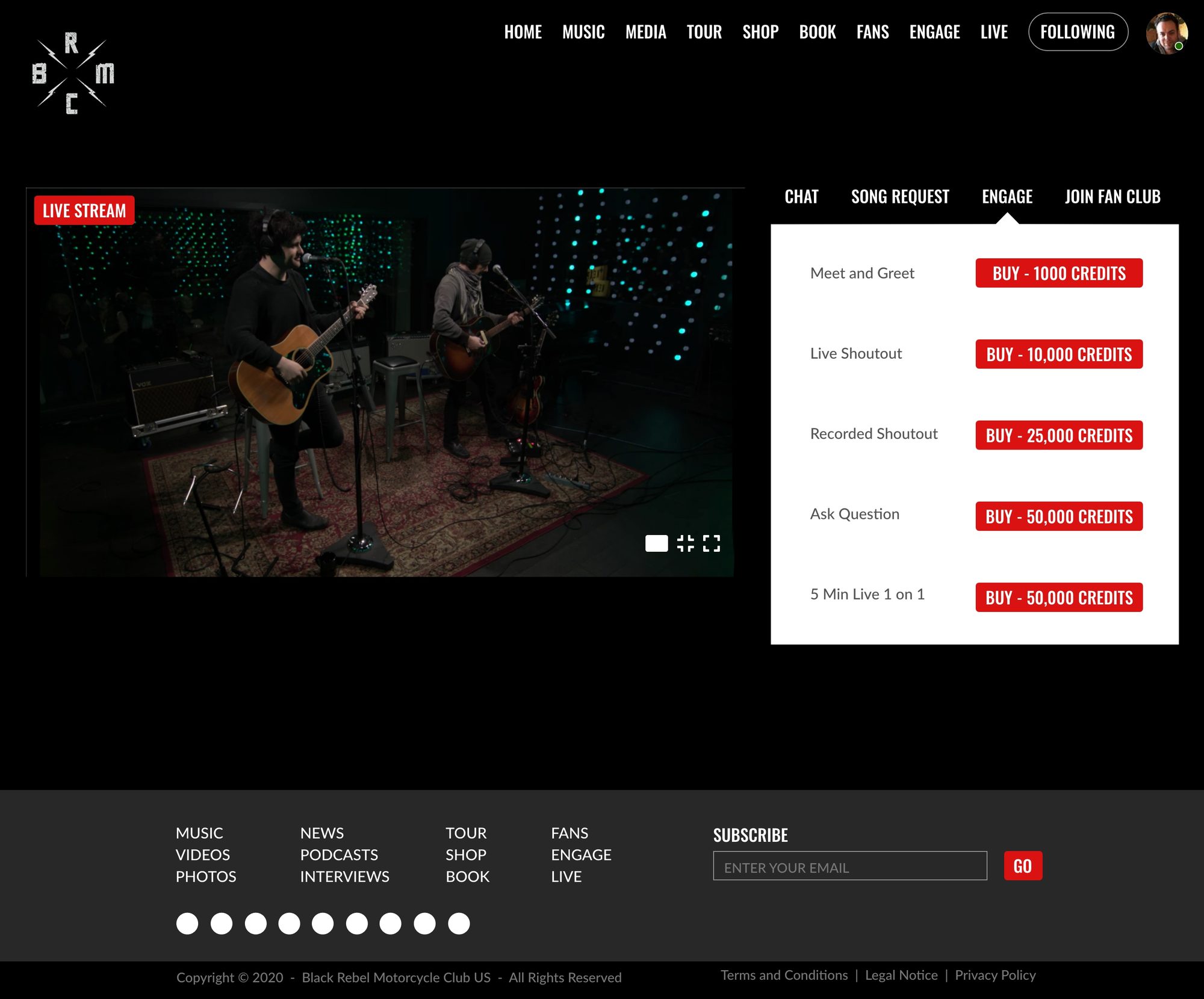 BRMC .music artist site, live stream with engage options