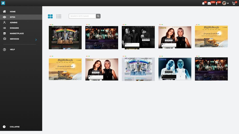 Account dashboard, sites grid