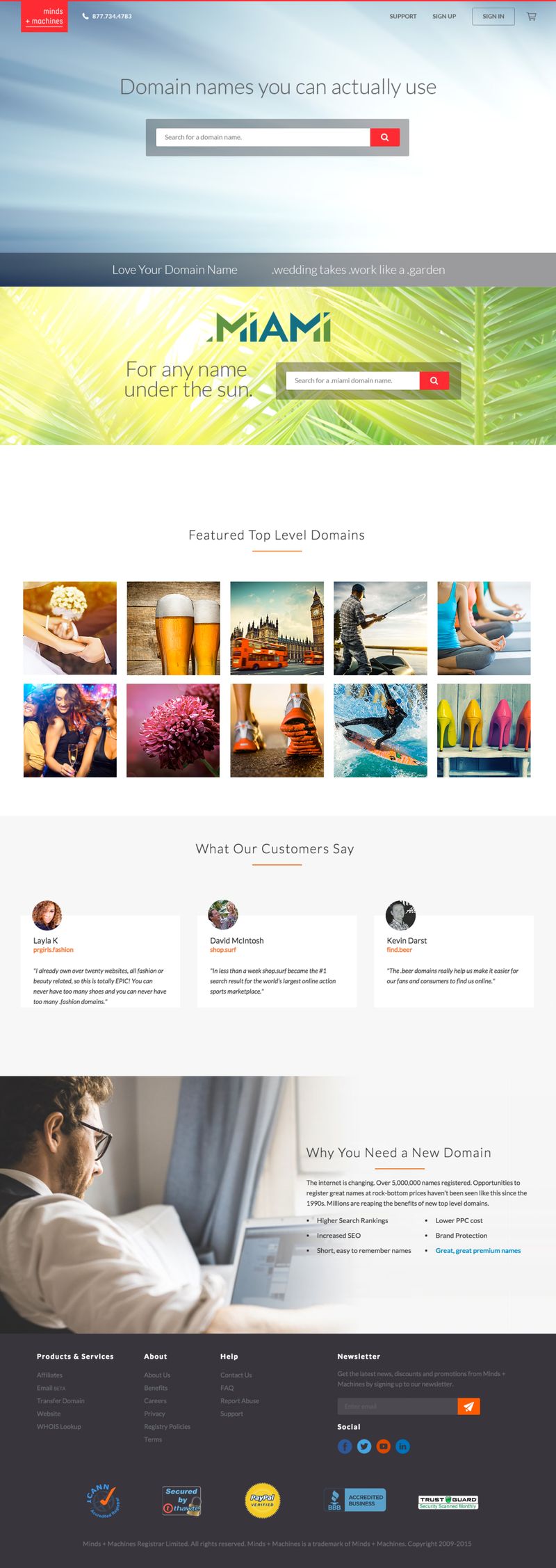 Registry home page with domain categories