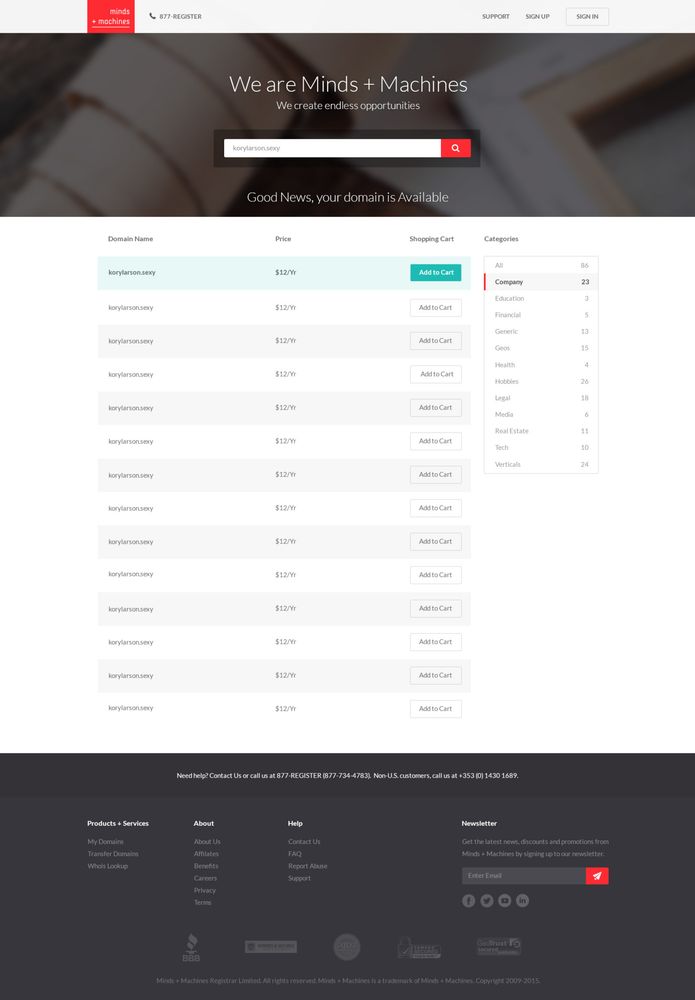 Domain search results page