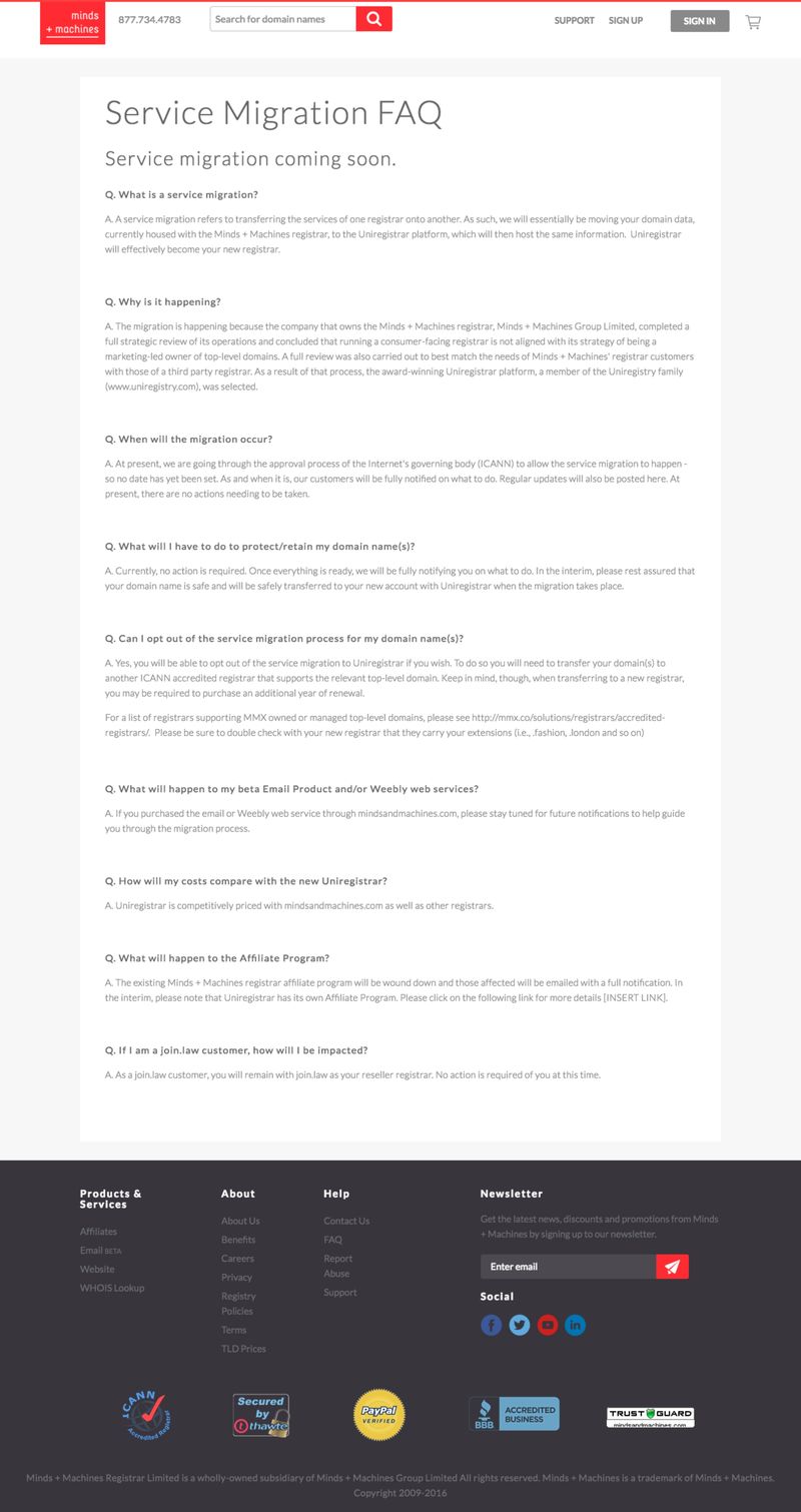 Service migration FAQs page