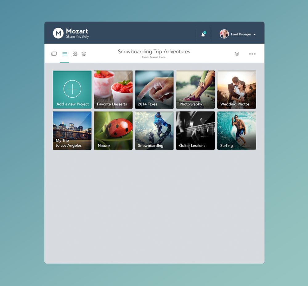 Mozart app, projects screen