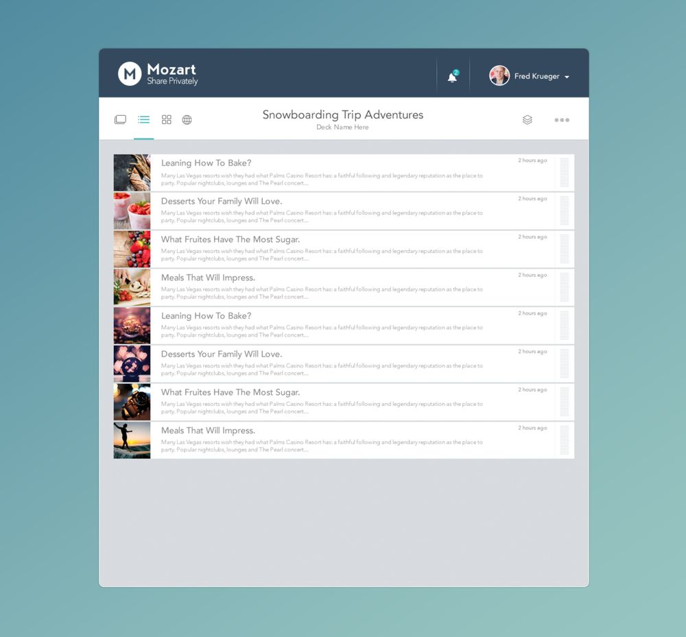 Mozart app, list view screen