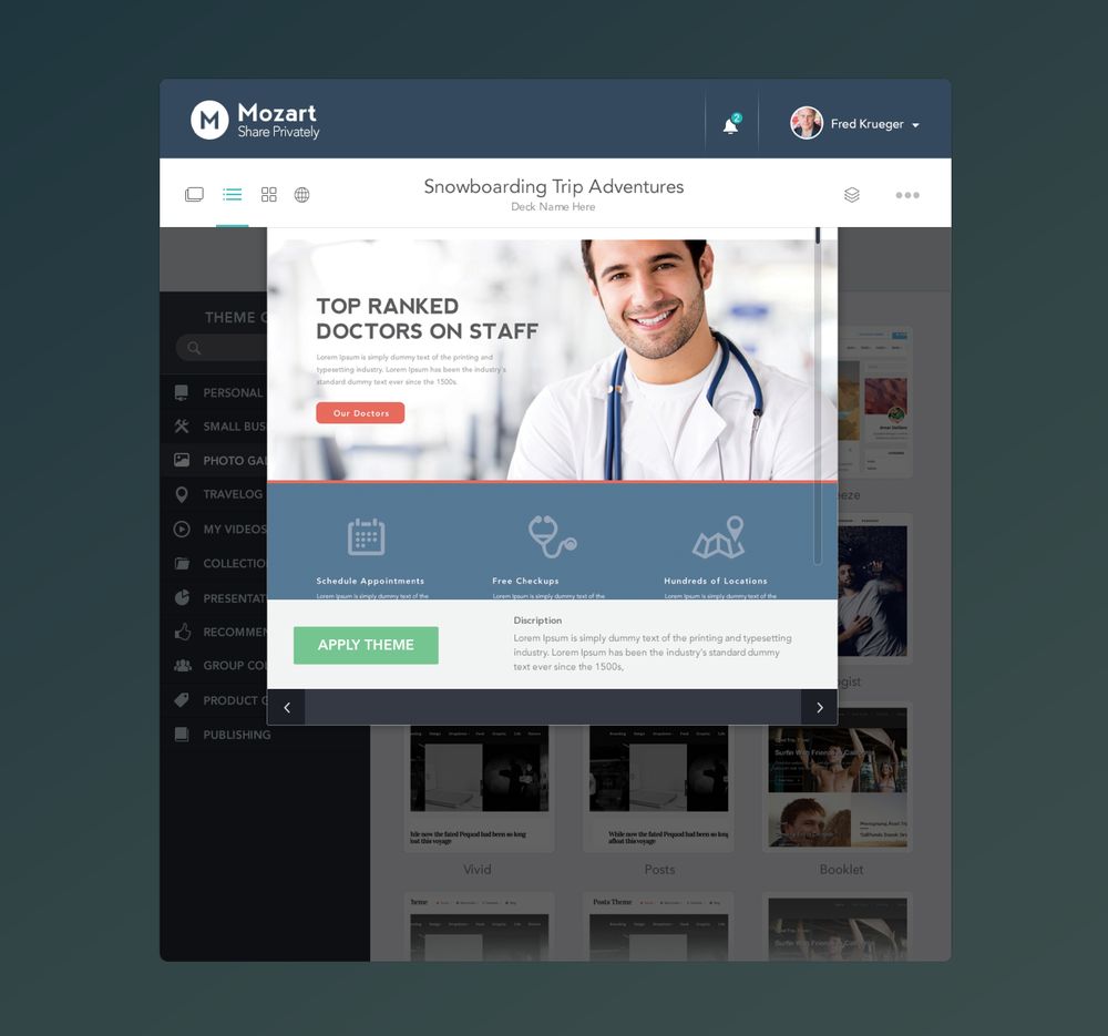 Mozart app, website themes screen