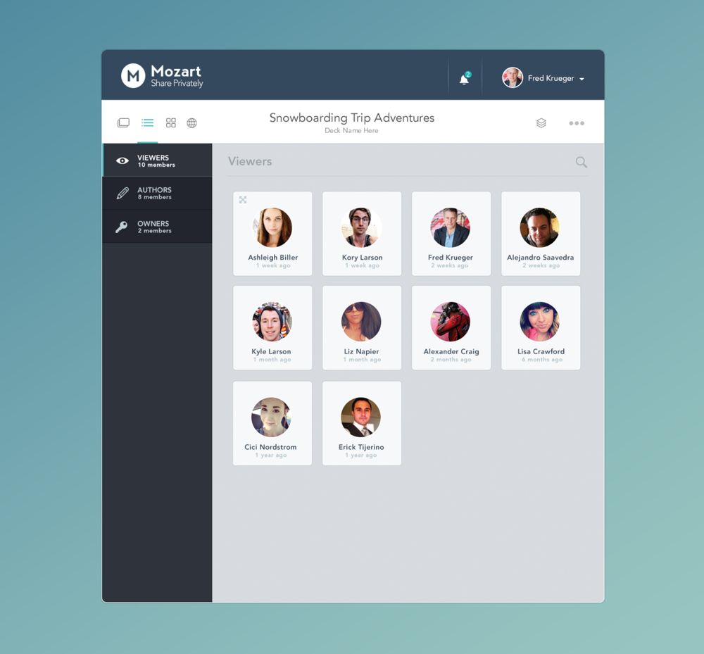 Mozart app, members screen