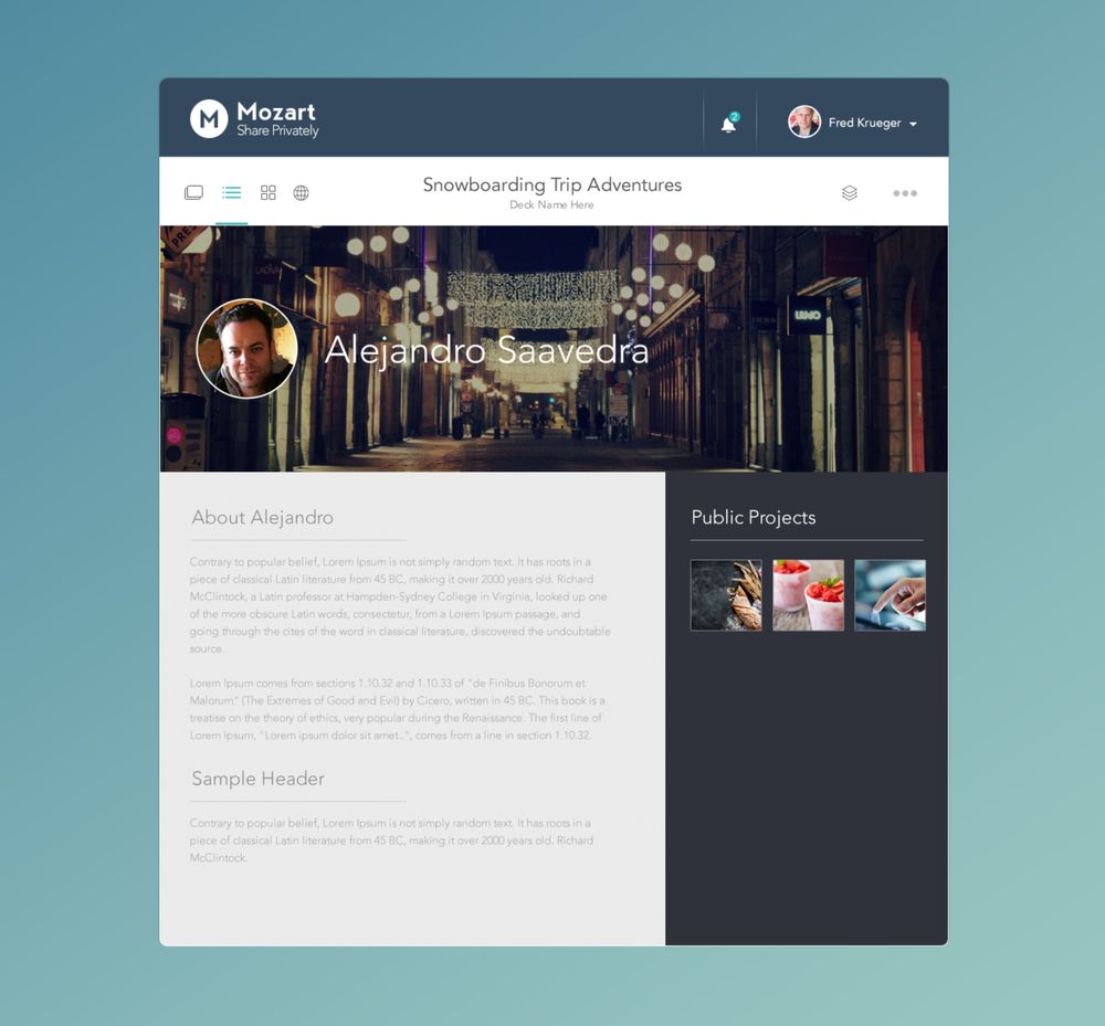 Mozart app, public profile screen