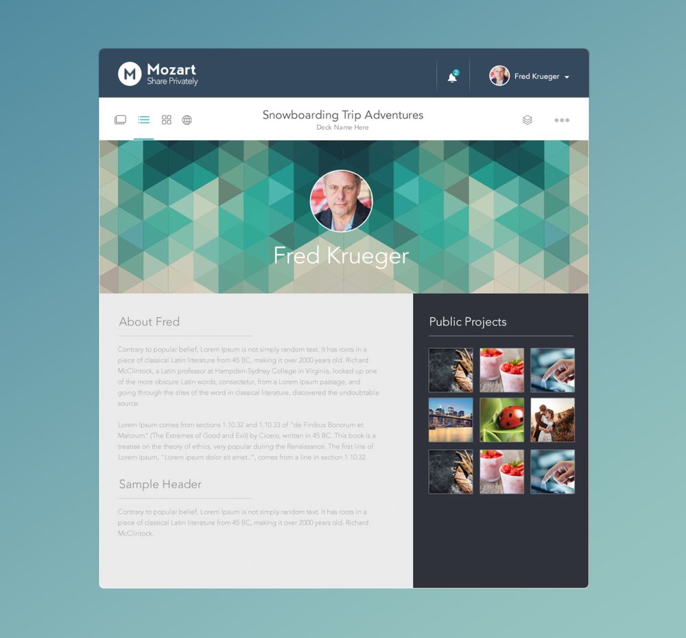 Mozart app, private profile screen