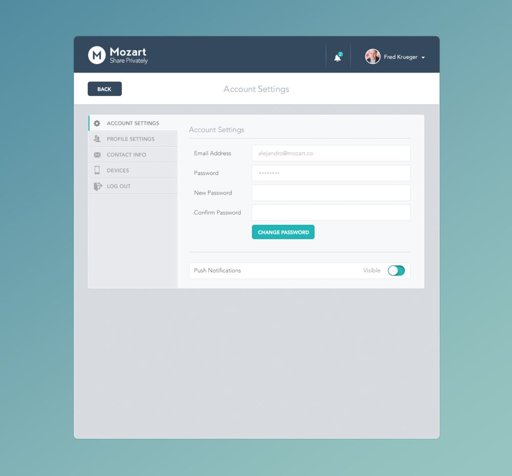 Mozart app, settings, account screen