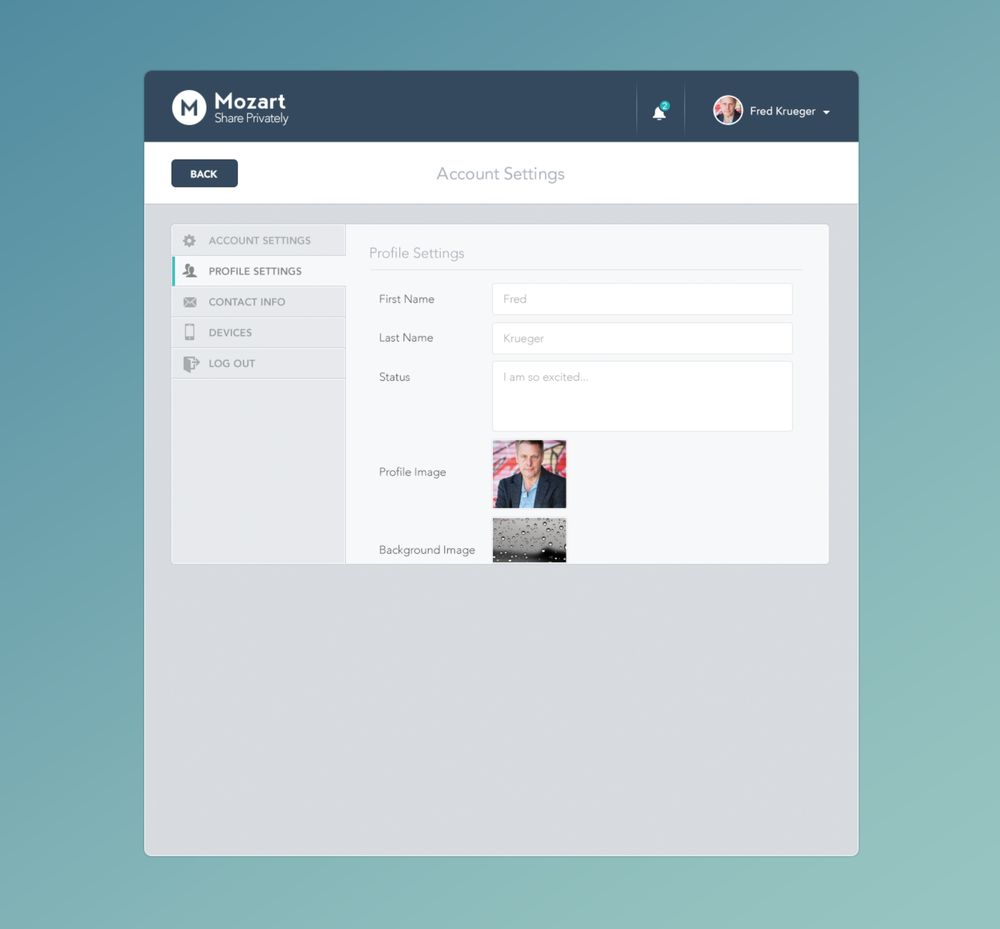 Mozart app, settings, profile screen