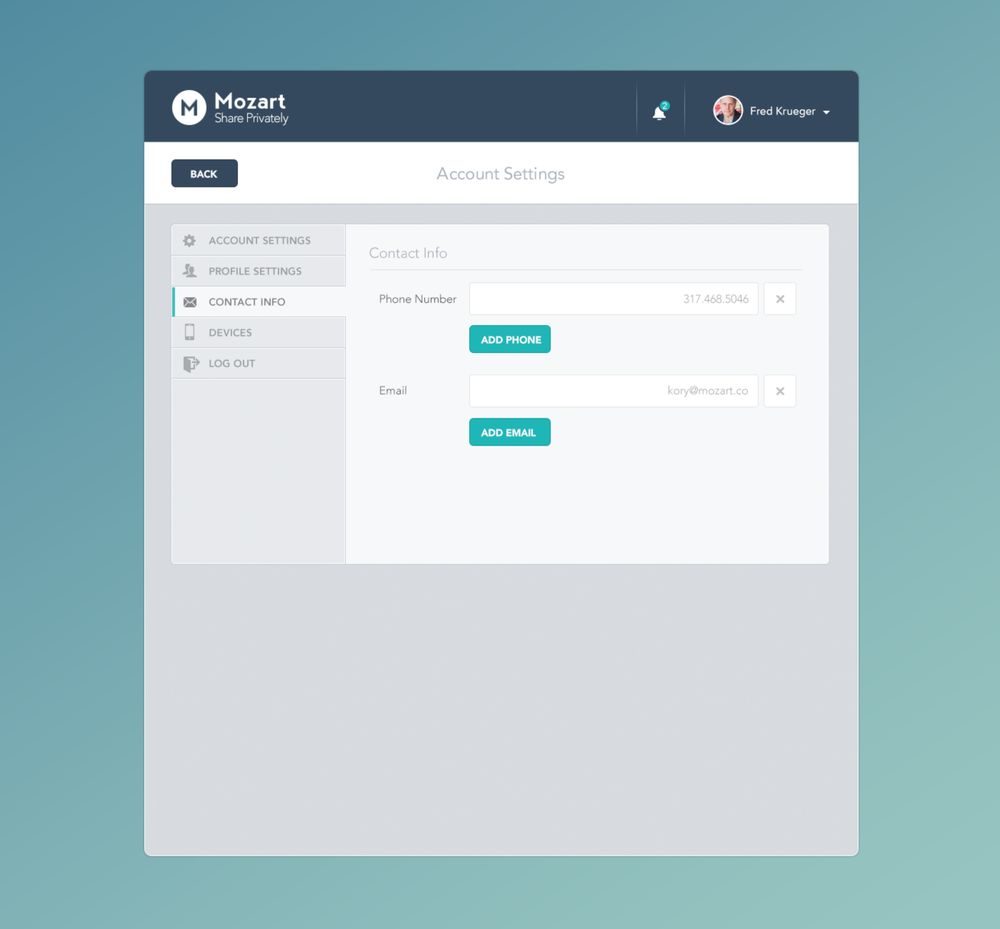 Mozart app, settings, contact screen