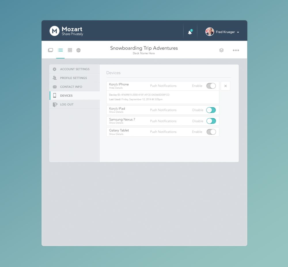 Mozart app, settings, devices screen