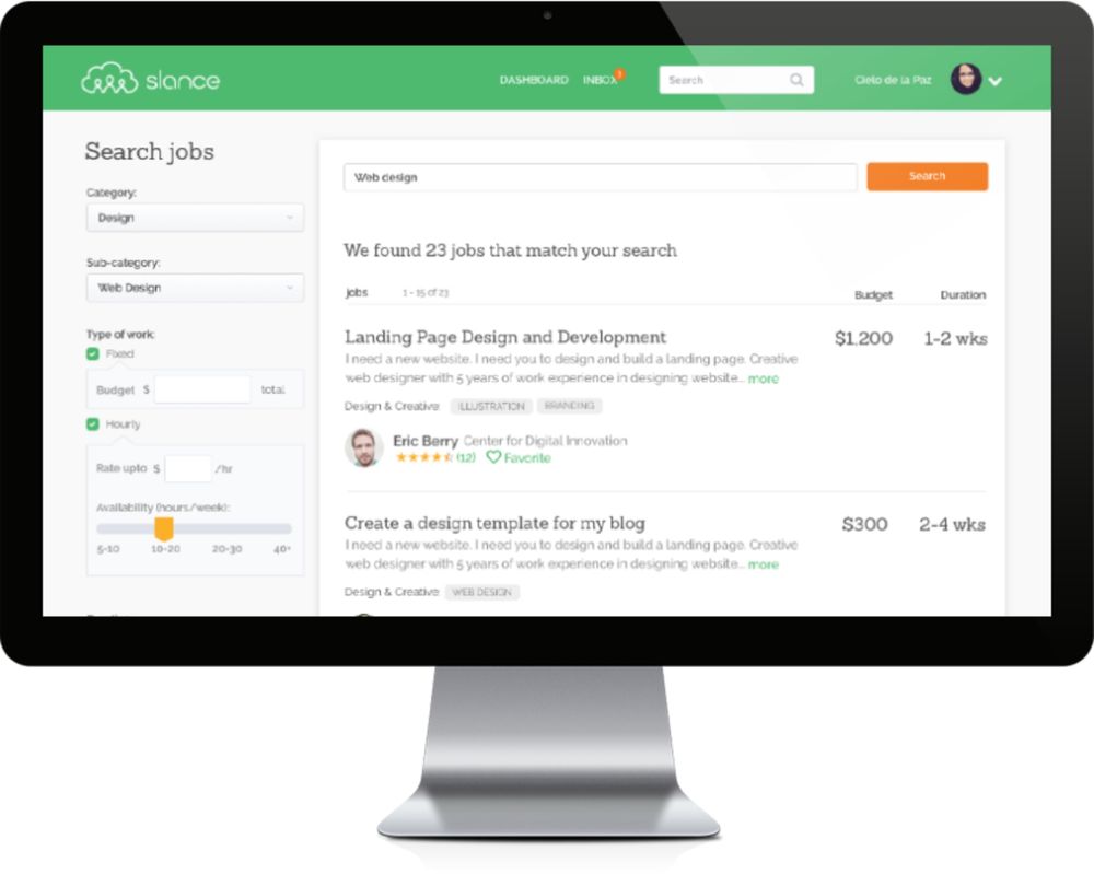 Slance job search screen