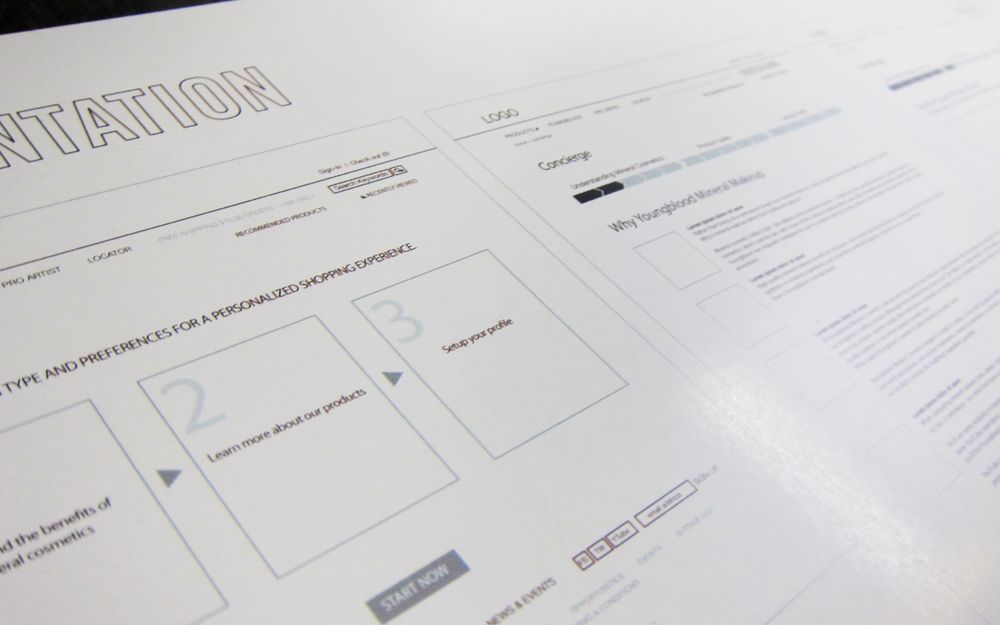 Printed wireframes for the Youngblood site